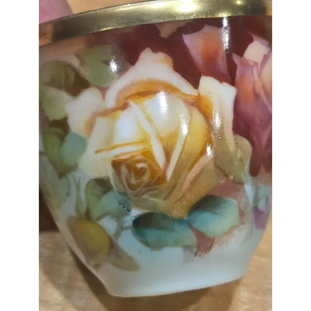 Antique Thomas Bavaria Hand Painted Roses Demitasse Teacup Saucer Marechal Niel